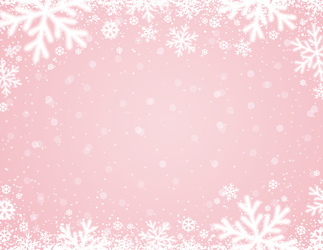 Pink  background with white blurred snowflakes, vector illustration