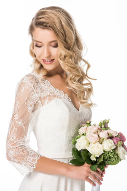 istock curly young bride with bouquet isolated on white 1040288248