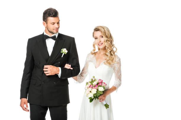 istock stylish happy young bride and groom isolated on white 1040288380