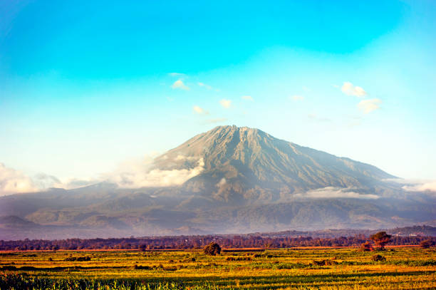Mount Meru, Arusha, Tanzania The peak of the mountain, Mount Meru, stands above the surrounding cloud base, seen across the farmed agricultural plains of Arusha, Tanzania, Africa arusha region stock pictures, royalty-free photos & images