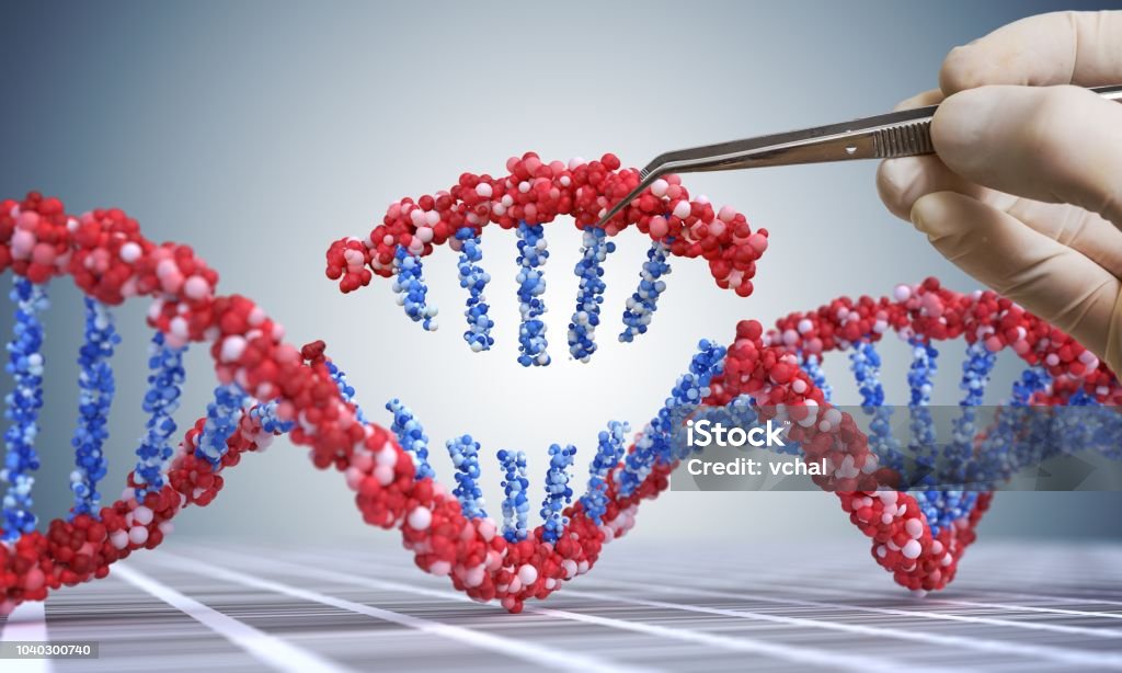 Concepto de manipulación genética, transgénicos y gen. Mano está insertando la secuencia de ADN.  Ilustración 3D del ADN. - Foto de stock de ADN libre de derechos