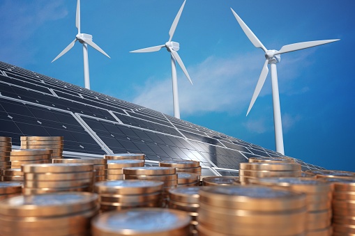 Economics of alternative energy. Money in front of solar panels and wind turbunes. 3D rendered illustration.