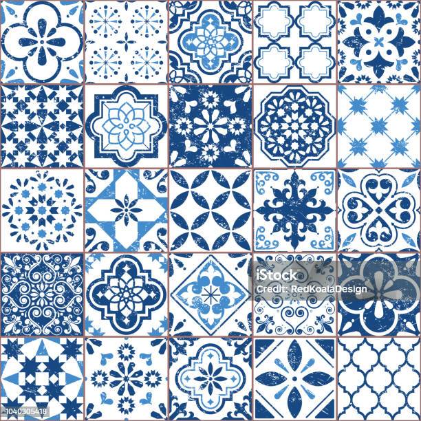 Vecteur Modèle Tuile Azulejo Portugais Ou Espagnol Mosaïque Carreaux Vieux Rétro Méditerranéenne Sans Couture Design Bleu Marine Vecteurs libres de droits et plus d'images vectorielles de Sol carrelé