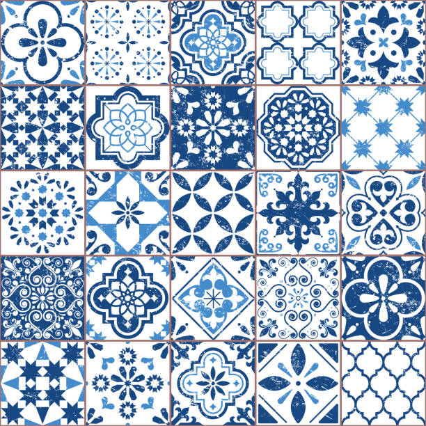 illustrazioni stock, clip art, cartoni animati e icone di tendenza di vector azulejo motivo piastrella, portoghese o spagnolo retro piastrelle mosaico, mediterraneo senza cuciture navy blu design - pavimento di mattonelle