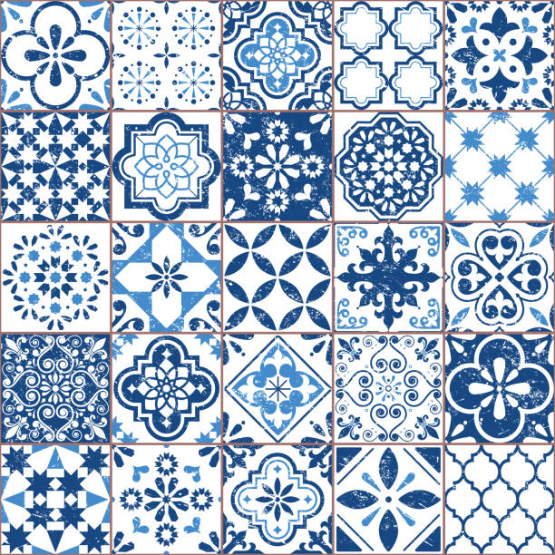 azulejo 타일 패턴, 포르투갈어 나 스페인어 복고풍 오래 된 타일 모자이크, 지중해 원활한 해군 파란색 디자인 벡터 - ceramics stock illustrations