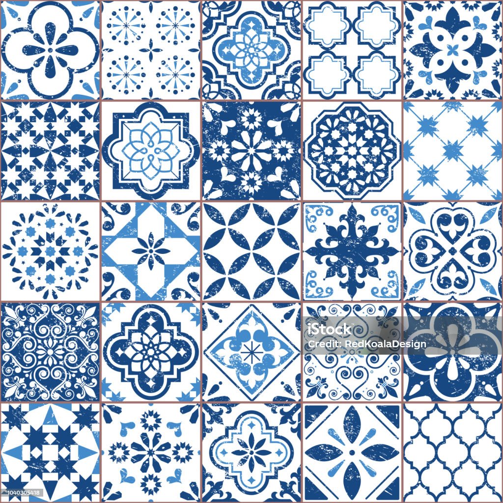 Vector Azulejo tile pattern, Portuguese or Spanish retro old tiles mosaic, Mediterranean seamless navy blue design Ornamental textile background, background inspired by Spanish and Portuguese traditional tiles with flowers and geometric shapes Tiled Floor stock vector