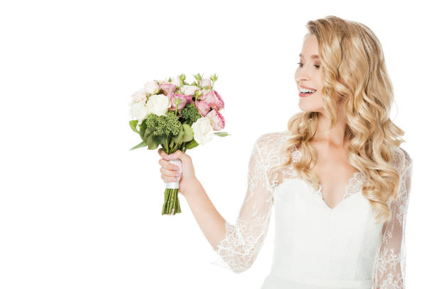 istock happy young bride with bridal bouquet isolated on white 1040308034