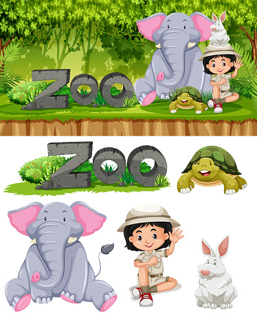 Safari girl and zoo animals illustration