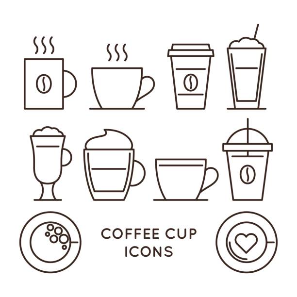 ilustraciones, imágenes clip art, dibujos animados e iconos de stock de conjunto de iconos lineal tazas té y café - caffeine drink non alcoholic beverage coffee