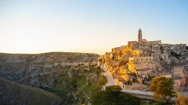 view of matera at sunrise, basilicata, italy - matera imagens e fotografias de stock