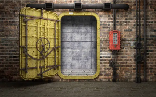 Armored heavy metal door in old underground bunker room. 3d rendering