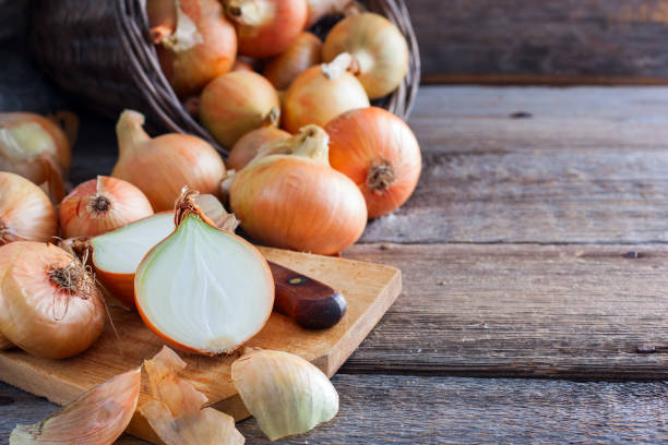 istock Large onion harvest in a wicker basket. Bulb onion is rich in vitamins, useful spring. Onion peel on a wooden background. Large onions can be seen from above. 1040320068