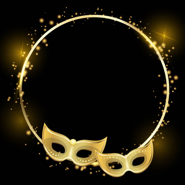 черный блестящий круглый карнавальный фон с золотыми масками. - invitation national holiday design black stock illustrations