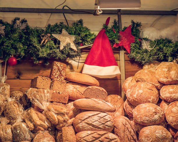 Bakery in Christmas time with fir branches and Santa's hat