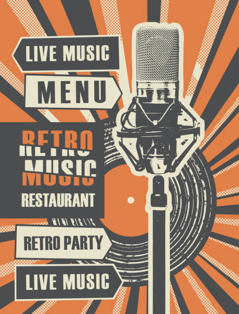 ilustrações de stock, clip art, desenhos animados e ícones de restaurant menu with vinyl record and microphone - vintage music