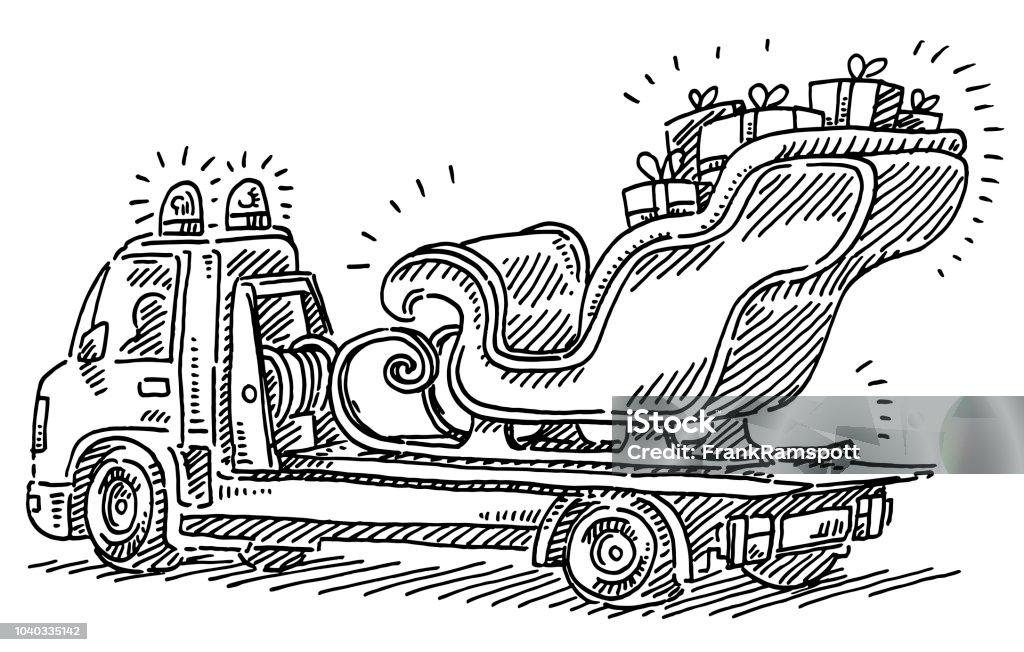 Broken Santa Sleigh On Tow Truck Drawing Hand-drawn vector drawing of a Broken Santa Sleigh On Tow Truck. Black-and-White sketch on a transparent background (.eps-file). Included files are EPS (v10) and Hi-Res JPG. Car stock vector