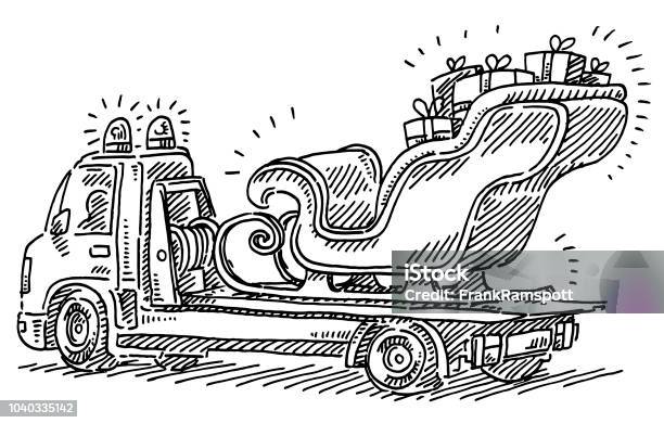 Broken Santa Sleigh On Tow Truck Drawing Stock Illustration - Download Image Now - Car, Animal Sleigh, Christmas
