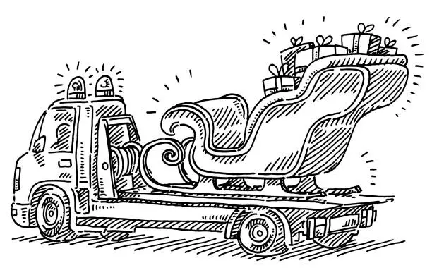 Vector illustration of Broken Santa Sleigh On Tow Truck Drawing