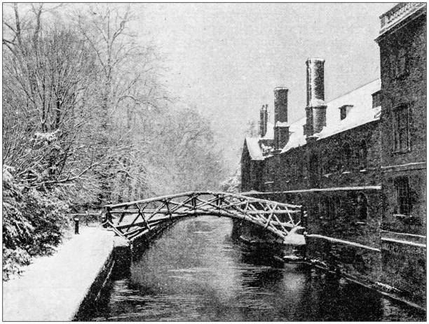 Antique photograph: Snow in Cambridge Antique photograph: Snow in Cambridge queens college stock illustrations