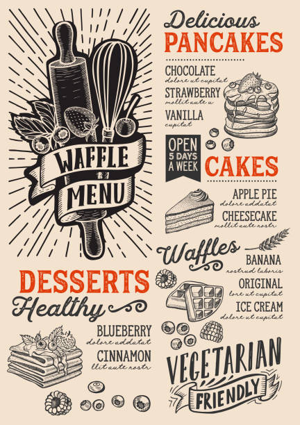 illustrations, cliparts, dessins animés et icônes de gaufres et crêpes modèle de menu pour restaurant avec graphique de doodle dessinés à la main. - 5416