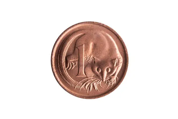 Photo of Australia one cent penny coin with an image of a Feathertail Glider