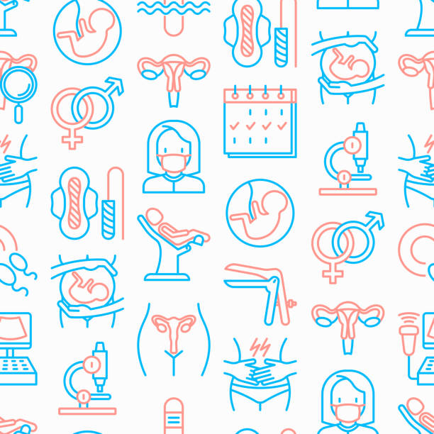Gynecologist seamless pattern with thin line icons: uterus, ovaries, gynecological chair, pregnancy, ultrasound, sanitary napkin, test, embryo, menstruation, ovulation. Modern vector illustration. Gynecologist seamless pattern with thin line icons: uterus, ovaries, gynecological chair, pregnancy, ultrasound, sanitary napkin, test, embryo, menstruation, ovulation. Modern vector illustration. pregnant patterns stock illustrations
