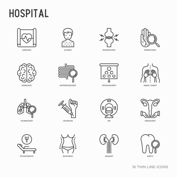 Hospital thin line icons set for doctor's notation: neurologist, gastroenterologist, manual therapy, ophthalmologist, cardiology, allergist, dermatologist. Vector illustration. Hospital thin line icons set for doctor's notation: neurologist, gastroenterologist, manual therapy, ophthalmologist, cardiology, allergist, dermatologist. Vector illustration. diagnostic equipment stock illustrations