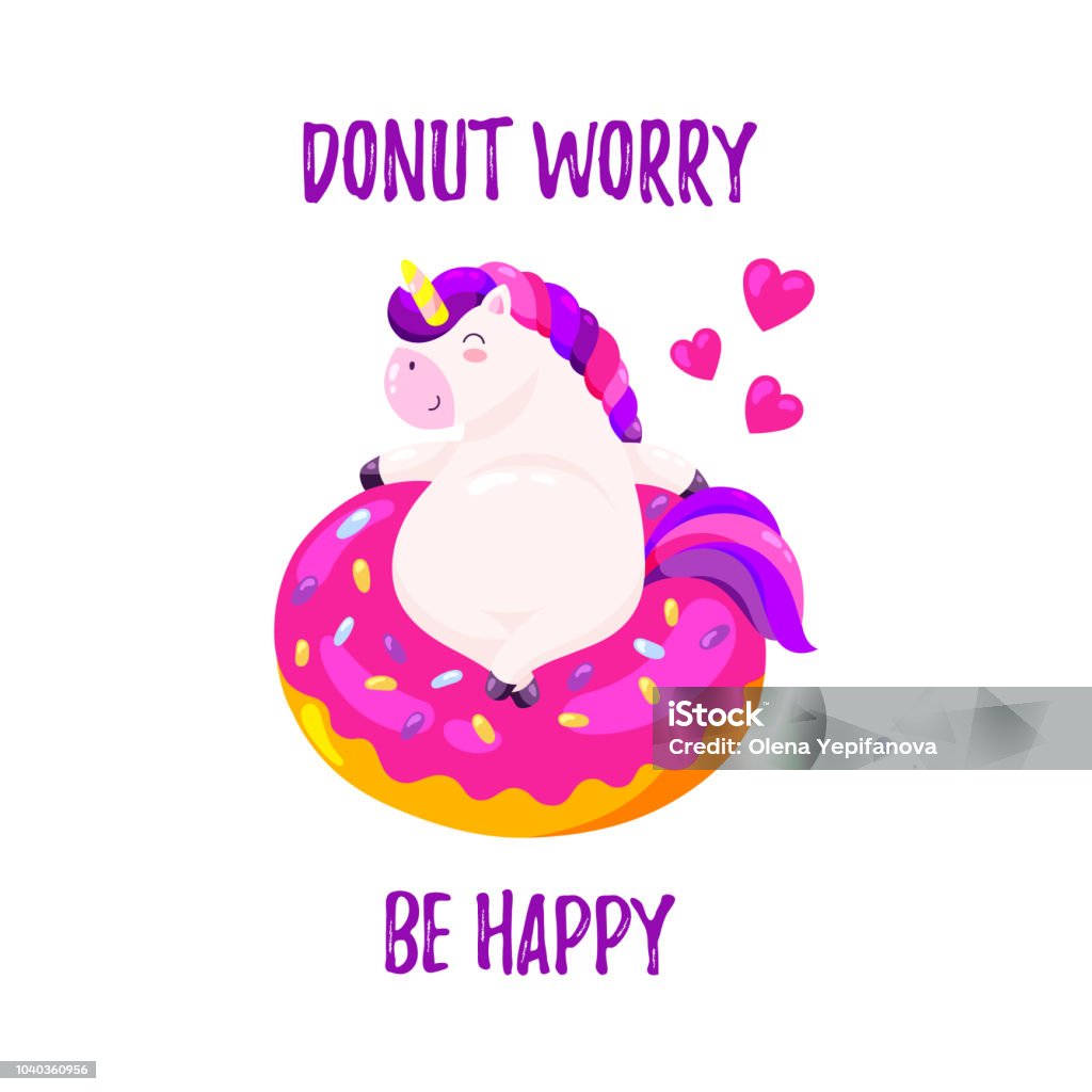 Cute cartoon vector unicorn with donut. Template for postcard, design for T-shirt Cute cartoon vector unicorn with donut. Bakery stock vector