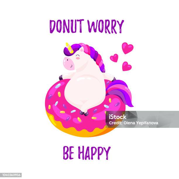 Cute Cartoon Vector Unicorn With Donut Template For Postcard Design For Tshirt Stock Illustration - Download Image Now