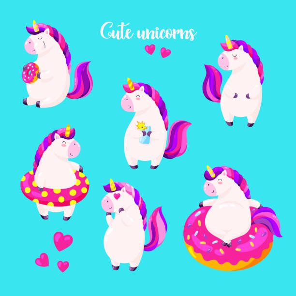 Set of funny cartoon magic unicorns. Patch, badge sticker. Collection of icons, pattern for clothes, t-shirts, print, web design, postcards. Vector doodle illustration with cartoon comic characters Set of funny cartoon magic unicorns. Patch, badge sticker. valentine fairy pictures stock illustrations