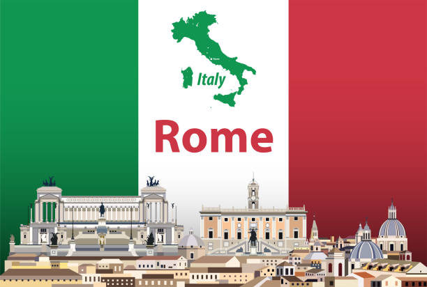 vektor-abstrakte reise-karte mit flagge von italien und rom stadtbild - italian flag skyline famous place flag stock-grafiken, -clipart, -cartoons und -symbole