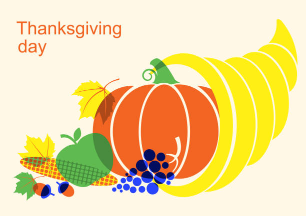 ilustraciones, imágenes clip art, dibujos animados e iconos de stock de feliz día de acción de gracias con los elementos de la cornucopia y la calabaza y el otoño - thanksgiving fruit cornucopia vegetable