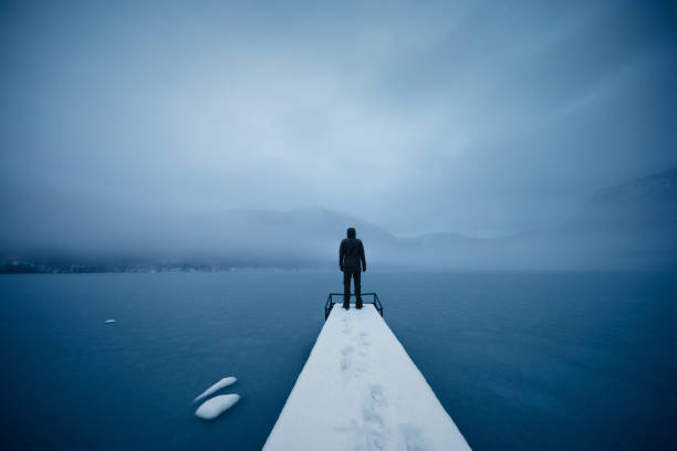 silence by the frozen lake - winter lake snow fog imagens e fotografias de stock