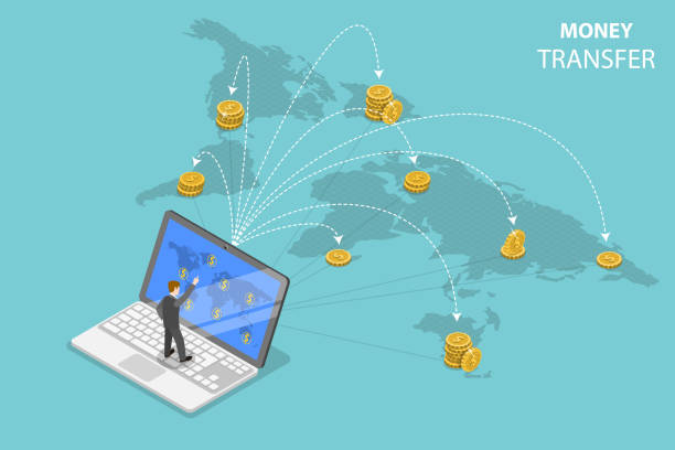 Sending money around the world isometric flat vector. Isometric flat vector concept of sending money around the world, money transfer, online banking, financial transaction. global finance stock illustrations