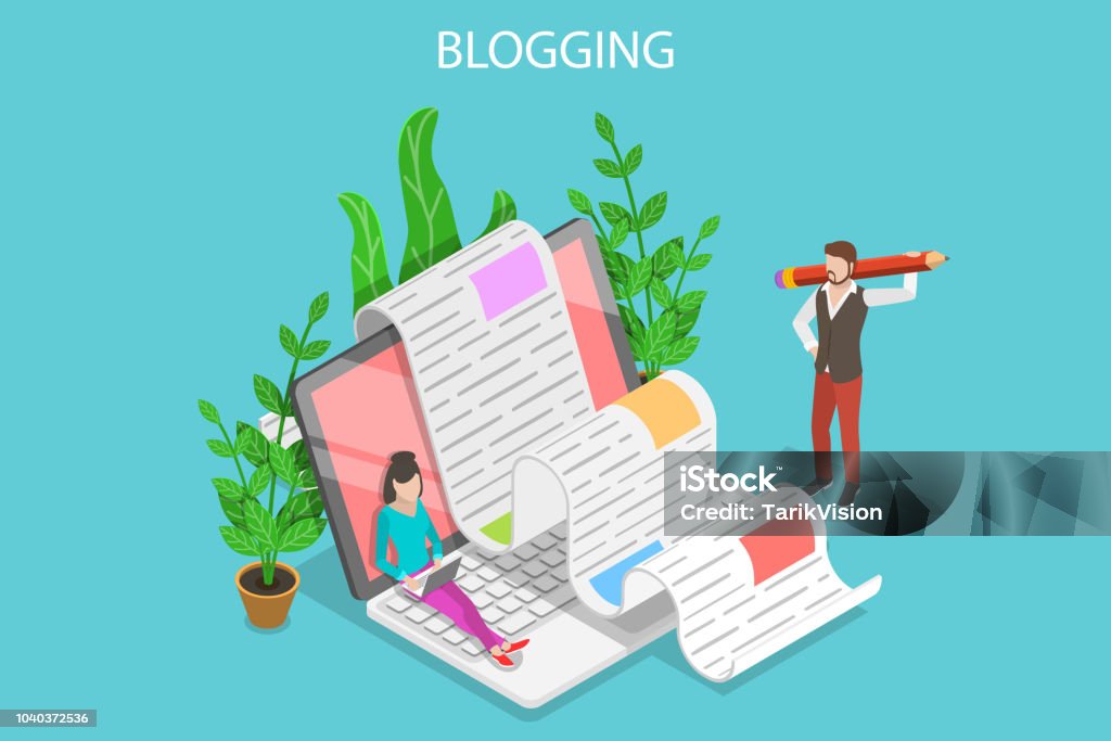 Creative blogging isometric flat vector conceptual illustration. Isometric flat vector concept of creative blogging, commercial blog posting, copywriting, content marketing strategy. Blogging stock vector