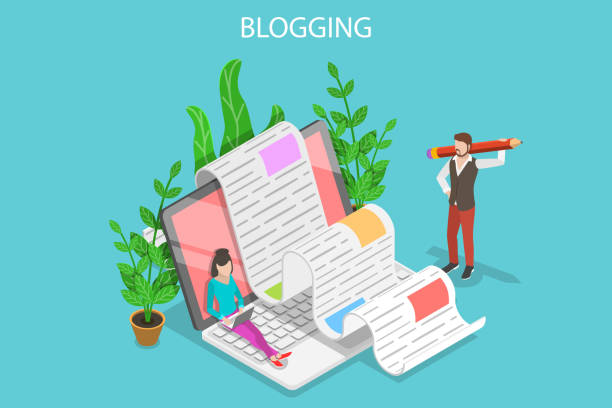 Creative blogging isometric flat vector conceptual illustration. Isometric flat vector concept of creative blogging, commercial blog posting, copywriting, content marketing strategy. person writing in notebook stock illustrations