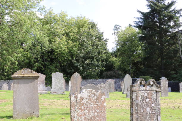 istock Blank old gravestones tombstones with copy space in old cemetery graveyard 1040372820