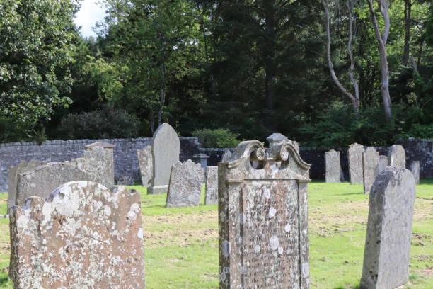 istock Blank old gravestones tombstones with copy space in old cemetery graveyard 1040372872