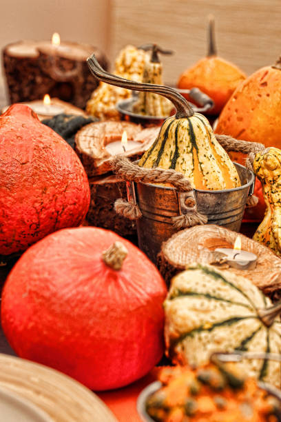 istock Autumn pumpkins and candles with empty space for text 1040386336