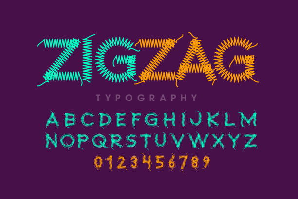 Zigzag font stitched with thread Zigzag font stitched with thread, embroidery font alphabet letters and numbers vector illustration zigzag stock illustrations