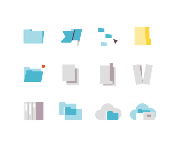 Files and Folders Flat icons Paper, files, and folder icons including flag, cloud upload symbol icon set business downloading stock illustrations