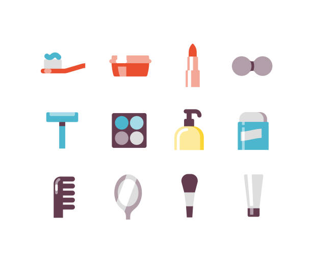 Beauty Products Flat icons Beauty icons lipstick, razor, make-up, deodorant, comb, blush vanity mirror stock illustrations