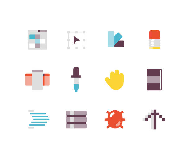 Design and Development Flat icons Digital technology icons including eyedropper, menu, bug matrix color chart stock illustrations