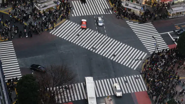 Pedestrians crossing street at Shibuya intersection Aerial View Tokyo Japan