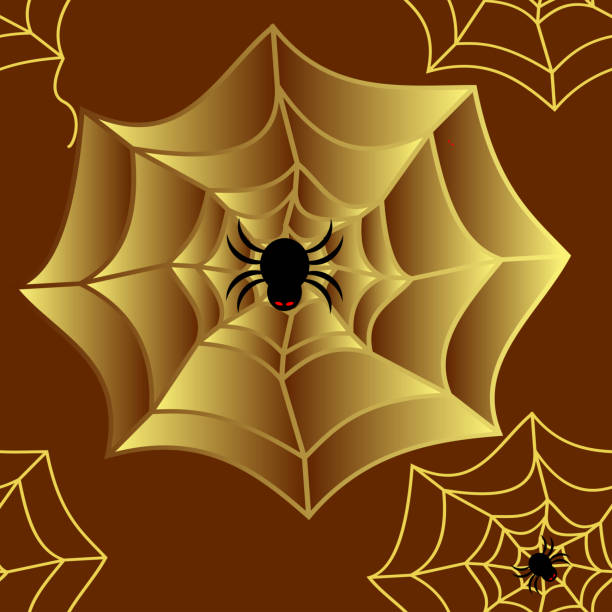 istock Seamless pattern of black spider with red eyes and yellow gold spider web on brown background. 1040411428