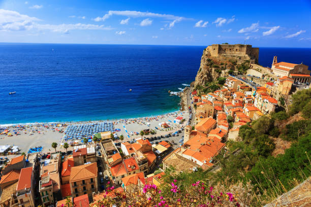 Scilla typical view View over Scilla with Castello Ruffo, Calabria, Italy. Focus on the roofs at the right castle scilla stock pictures, royalty-free photos & images