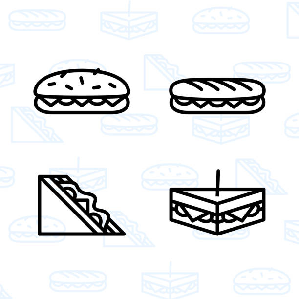 illustrazioni stock, clip art, cartoni animati e icone di tendenza di panetteria, dessert, biscotti, snack e set di icone alimentari e illustrazione vettoriale - 2 - panino