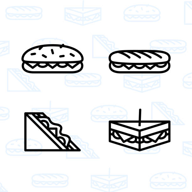 ilustrações, clipart, desenhos animados e ícones de padaria, sobremesa, biscoitos, snacks e ícone de alimentos definida e vector a ilustração - 2 - turkey sandwich illustrations