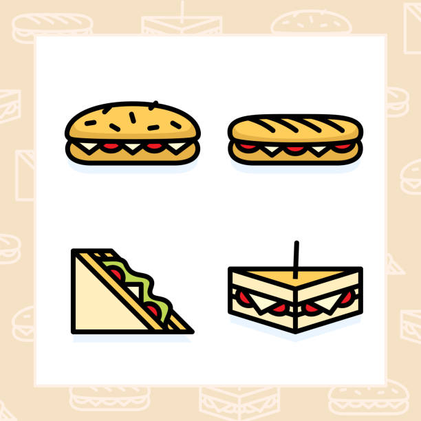 illustrations, cliparts, dessins animés et icônes de boulangerie, dessert, biscuits, collations et icône couleur alimentaire défini et colorié vector illustration - 2 - club sandwich picto