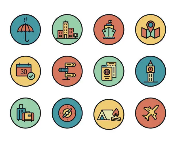 Vector illustration of Line icons set of Travel and Holiday. Modern color flat design linear pictogram collection. Outline vector concept of stroke symbol pack. Premium quality web graphics material.